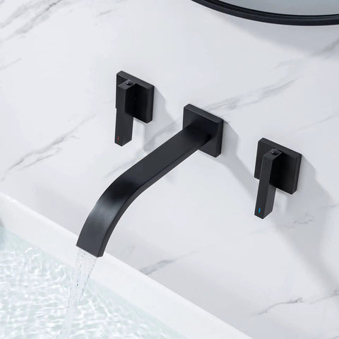 Matte Black Solid Brass Wall Mount Bathroom Faucet With Dual Lever Handles 8 Inch Center Wall Mounted Sink Faucet Rough In Valve Included Drip Free Brass Cartridge Leak Tested For Durability