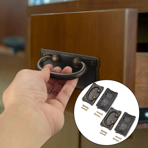 Hand pulling Vintage Drawer Ring Pull Handles 4 Pack With Hidden Screws, Antique Pewter Zinc Alloy on a wooden cabinet drawer