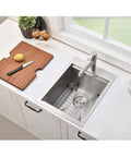 Stainless Steel Bar Sink Drop In 15 By 20 Inch Topmount Single Bowl Workstation Kitchen Sink shown with cutting board
