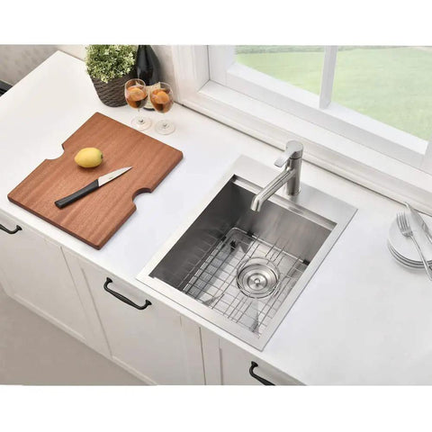 Stainless Steel Bar Sink Drop In 15 By 20 Inch Topmount Single Bowl Workstation Kitchen Sink shown with cutting board