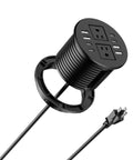 Sleek 3.15 Inch Desktop Power Grommet Featuring Two AC Outlets And Eight Fast Charge USB Ports To Ditch Cord Chaos And Keep Your Workstation Snazzy Smooth And Totally Zero Hassle, black design with a power cord.