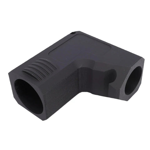 Top Shelf Table Saw Dust Collection Adapter With Dead Simple Snap On Hook Mount and Rock Solid Seal for Dwe7485 Saw showing black resin material detail.