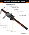 Diagram of a 6 Inch Digital Caliper With Large LCD Screen Stainless Steel Measuring Tool Inch And Millimeter Conversion Electronic Micrometer Caliper Auto Off Waterproof And Shock Resistant Ruler And 2 Batteries Built Tough For Real World Use with labeled parts.