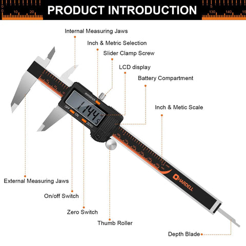 Diagram of a 6 Inch Digital Caliper With Large LCD Screen Stainless Steel Measuring Tool Inch And Millimeter Conversion Electronic Micrometer Caliper Auto Off Waterproof And Shock Resistant Ruler And 2 Batteries Built Tough For Real World Use with labeled parts.