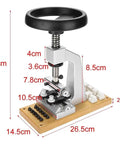 Top Tier Premium Watch Case Opener Tool Set Hella Tough Bench Press Vice with detailed dimensions for precise wristwatch maintenance.