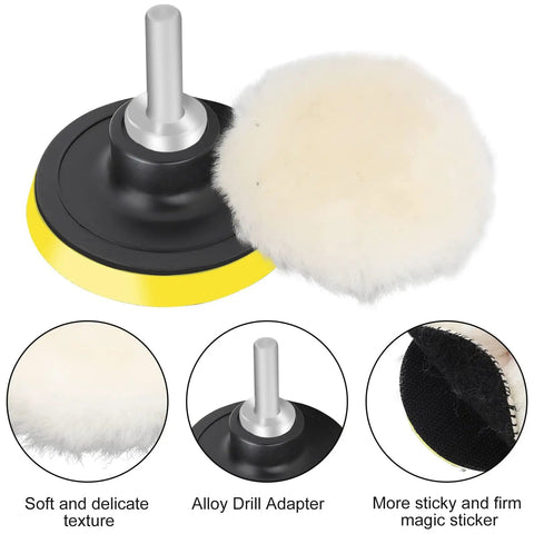7 Piece 3 Inch Wool Polishing Pads Kit With Hook And Loop Backing Pad And M10 Drill Adapter shows wool pad and components