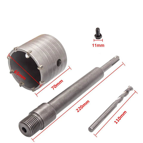 CertBuy 2.5-inch concrete hole saw set with SDS Plus shank; includes 65mm hole saw, long 220mm bit, and 110mm bit