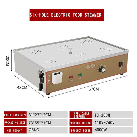 Commercial Electric Steamer for Dim Sum and Steamed Buns, 2 4 6 Hole Stainless Steel Steamer with U Tube Heating, six-hole design