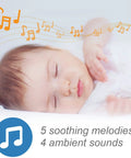 Sleeping baby with musical notes illustrating soothing sounds from 1080p WiFi Baby Monitor With 360° Pan Tilt 7-Inch Screen HD Night Vision.
