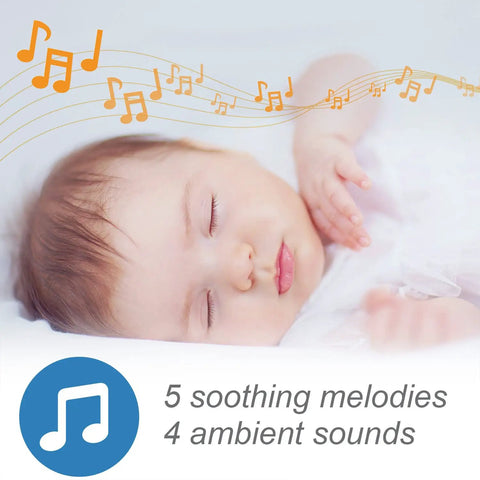 Sleeping baby with musical notes illustrating soothing sounds from 1080p WiFi Baby Monitor With 360° Pan Tilt 7-Inch Screen HD Night Vision.