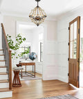 Geometric Orb 6-Light Farmhouse Chandelier With Stardust Finish And Rustic Oak Wood Open Orb Frame in foyer, brown.