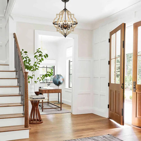 Geometric Orb 6-Light Farmhouse Chandelier With Stardust Finish And Rustic Oak Wood Open Orb Frame in foyer, brown.