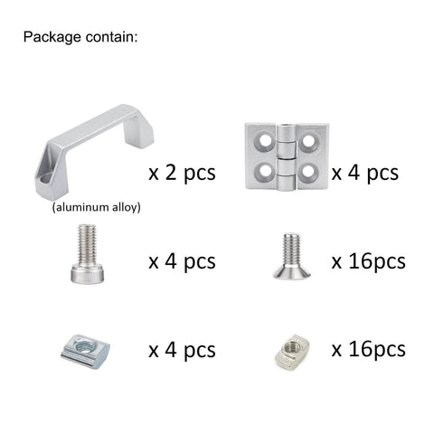 1010 Aluminum Profile Hinges And Door Handles Kit showing components including 4 hinges, 2 handles, screws, and nuts for 1x1 extrusion.