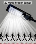 JUDYSSY 150W Solar Street Light, Led Solar Flood Lights Outdoor with Remote Control, showing 20 metre motion sensor and light coverage.
