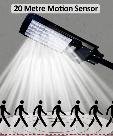 JUDYSSY 150W Solar Street Light, Led Solar Flood Lights Outdoor with Remote Control, showing 20 metre motion sensor and light coverage.