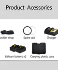 Accessories for Beast Of A Battery Powered Cable Cutter including shoulder strap, spare seal, charger, batteries, carrying case