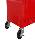Close-up of 8 Drawer High Capacity Rolling Tool Chest With Wheels Removable Tool Box Combo, red, durable steel with lockable castor wheels.