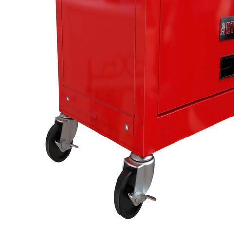 Close-up of 8 Drawer High Capacity Rolling Tool Chest With Wheels Removable Tool Box Combo, red, durable steel with lockable castor wheels.