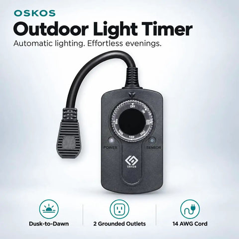 Heavy Duty Outdoor Light Timer Featuring Dusk To Dawn Photocell Sensor And Dual Grounded Outlets Waterproof Build For Yard Decor viewed from the front.