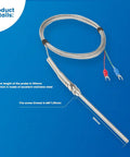 Stainless steel K-type thermocouple sensor with 100 mm probe, M8 thread, 2 m cable and red/blue wire terminals