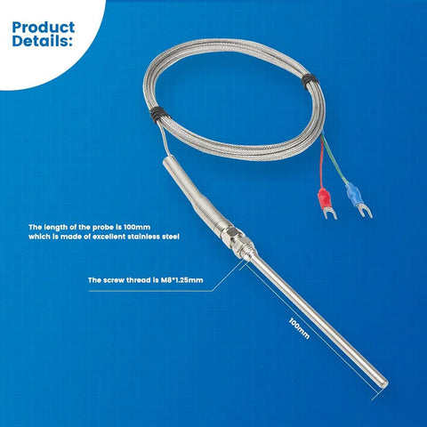 Stainless steel K-type thermocouple sensor with 100 mm probe, M8 thread, 2 m cable and red/blue wire terminals