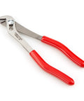 Five Inch Angle Nose Slip Joint Pliers with Half Inch Jaw shown with red non-slip grips and three position adjustments.