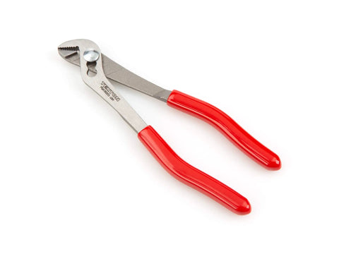 Five Inch Angle Nose Slip Joint Pliers with Half Inch Jaw shown with red non-slip grips and three position adjustments.