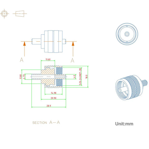 Technical drawing of PL259 UHF Male Crimp Coax Connectors Set For RG58 LMR195 Cables showing dimensions, cross-section, and details