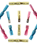 All In One 220 Piece Wire Spade Connectors Kit With Heat Shrink Terminals displayed; blue, red, yellow insulated connectors