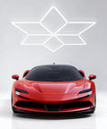 Red car beneath Hexagon LED Garage Light With Diamond Grid 710W 78100LM Mega Bright Ceiling Fixture for warehouse and garage