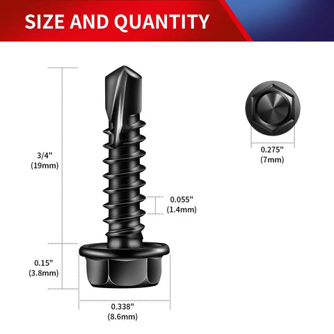 Gauge 8 By 3 4 Inch Self Drilling Screws 215 Piece Pack showing dimensions of hex washer head and drill point sizes.