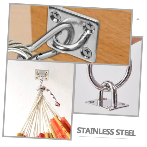 Two Pack Heavy Duty Stainless Steel Ceiling Hooks With Durable Anchor Plates For Hammocks And Yoga Swings installed in different settings.
