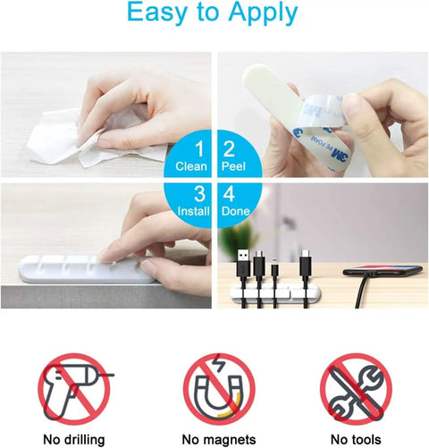 Steps to apply White Cord And Cable Organizer Set For Car Home And Office Adhesive Wire Holder with instructions and icons