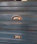 Antique Bronze Iron Drawer Knobs Pulls Handles Set For Cabinets And Wardrobes Vintage Shell Shape Three And Three Quarters Inch Length Nine Point Six Centimeters Twenty Piece Pack With Screws DIY Friendly installed on blue cabinet