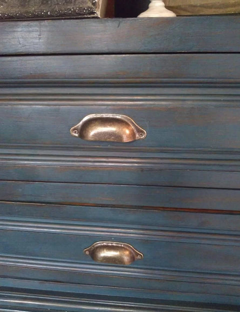 Antique Bronze Iron Drawer Knobs Pulls Handles Set For Cabinets And Wardrobes Vintage Shell Shape Three And Three Quarters Inch Length Nine Point Six Centimeters Twenty Piece Pack With Screws DIY Friendly installed on blue cabinet