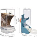 No Sweat Automatic Bird Feeder And Waterer Set With Gravity Fed System showing dimensions, ideal for small cage birds like finches.