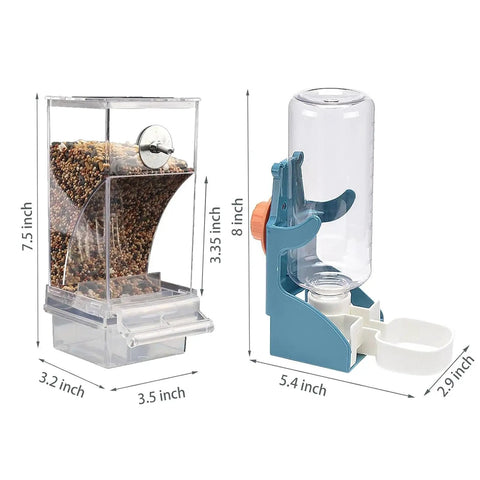 No Sweat Automatic Bird Feeder And Waterer Set With Gravity Fed System showing dimensions, ideal for small cage birds like finches.