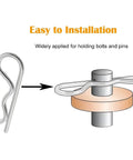 Diagram showing easy installation of 10 Pack Spring Hitch Cotter Hair Pins And White Zinc Plated Retaining Wire Clips for trailers and equipment.