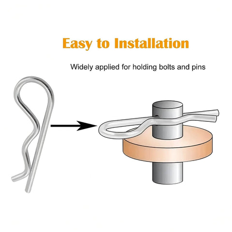 Diagram showing easy installation of 10 Pack Spring Hitch Cotter Hair Pins And White Zinc Plated Retaining Wire Clips for trailers and equipment.