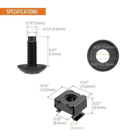 Rock Solid Heavy Duty 50 Pack Rack Mount Screws And Cage Nuts Kit With Washers For Server Cabinets Network Racks And Carbon Steel 10-32 Thread fasteners specifications with dimensions.