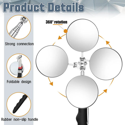 Six Piece Telescoping Inspection Mirrors Set With 360 Degree Rotation, Flexible Circular Mirrors, Extended Handle To 29 Inches
