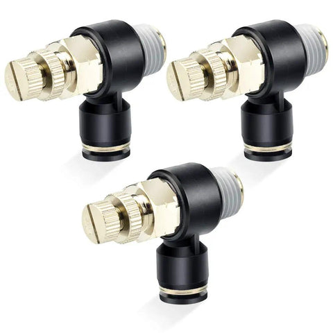Three Pack Push To Connect Air Line Fittings With Ninety Degree Elbow And Air Flow Control Valve One Quarter Inch Tube Outer Diameter By Three