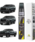 Chevrolet Cypress Gray Exact Color Match Two In One Scratch Repair Paint Kit With Pen Tip And Brush For Easy Chevy Car Touch Ups And Quick Fixes Designed For 2025 2026 Silverado Tahoe Suburban And More Vehicles For A Seamless Durable Finish displayed with cars and packaging.