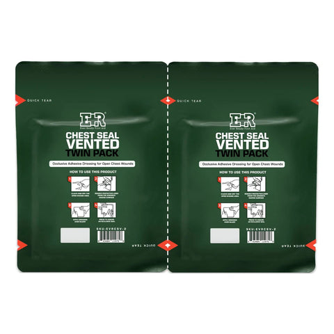 Ever Ready First Aid Chest Seal Vented Twin Pack, green dual-pack with 6.6-inch square occlusive dressings for open chest wounds.