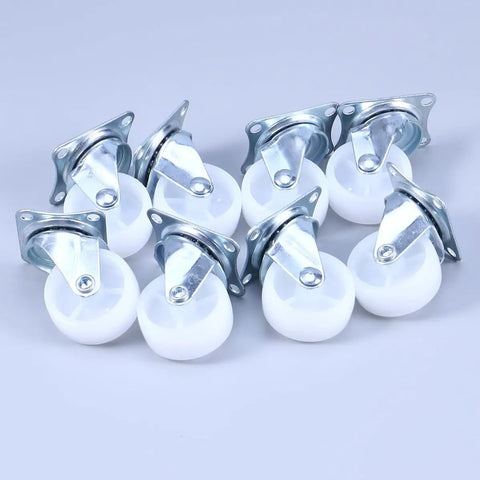 Inch Swivel Caster Universal Brake Wheel for Furniture, PP 8 Pcs, white wheels with chrome bases arranged in a group.
