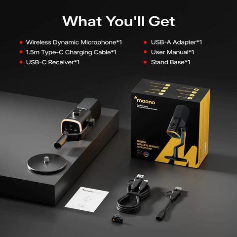 PD100W Wireless USB Dynamic Microphone For Gaming And Streaming, One Click Noise Reduction, USB-C Receiver, accessories included