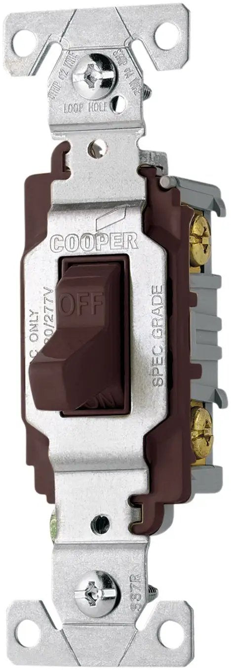 20 Amp 120/277 Volt Commercial Grade Single Pole Compact Heavy Duty Toggle Switch With Side Wiring In Brown For Quiet, Reliable One Location Lighting Control For Easy Installation. brown single-pole toggle switch, side wiring, metal yoke