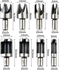 Ridiculously Tough Carbon Steel Wood Plug Cutter Drill Bits Eight Piece Straight And Tapered set showing sizes 6mm to 16mm for woodworking projects.