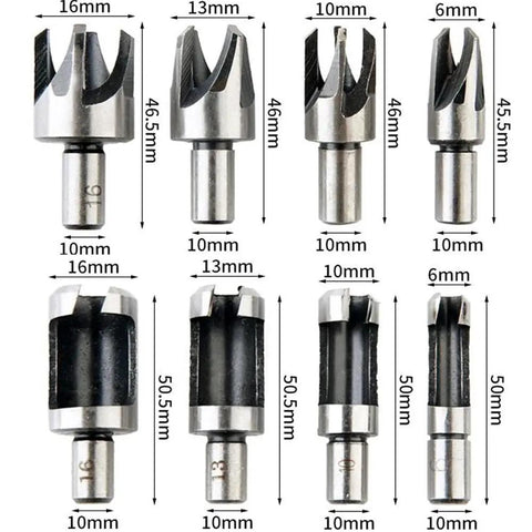 Ridiculously Tough Carbon Steel Wood Plug Cutter Drill Bits Eight Piece Straight And Tapered set showing sizes 6mm to 16mm for woodworking projects.