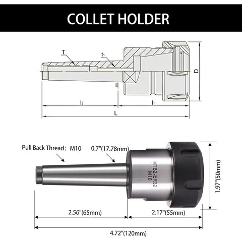 MT2 Morse Taper Collet Chuck For ER32 And M10 Fits diagram and dimensions, stainless steel, CNC tooling